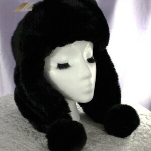 Black Faux Fur Trapper Hat With Pom Ends New With Tags